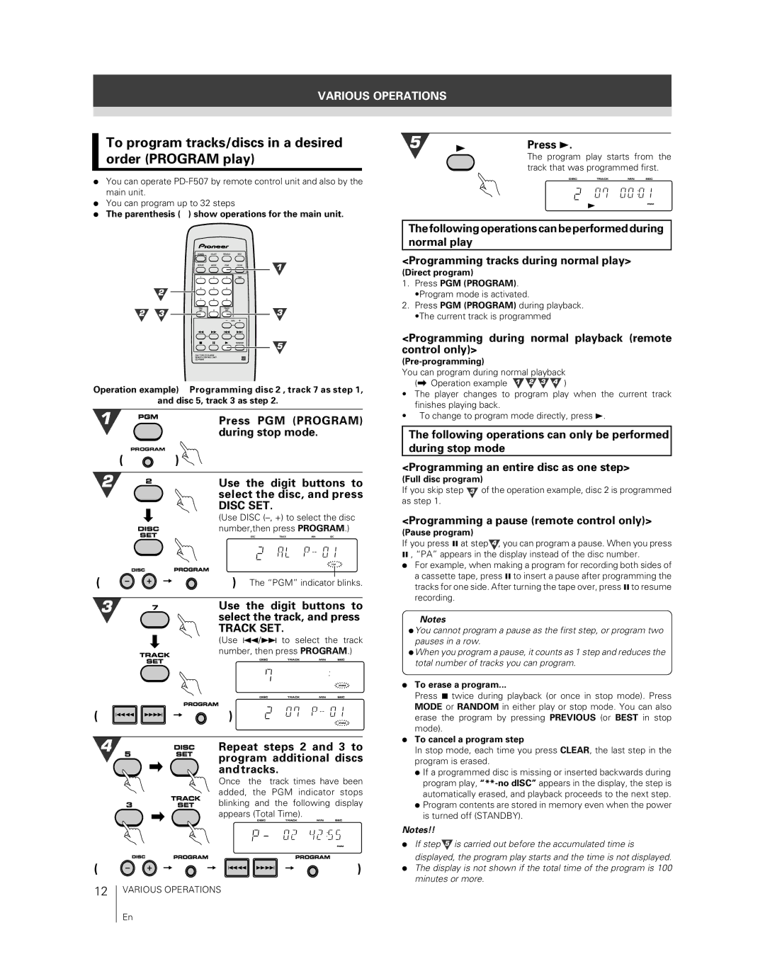 Pioneer PD-F407, PD-F507 warranty To program tracks/discs in a desired, Order Program play 