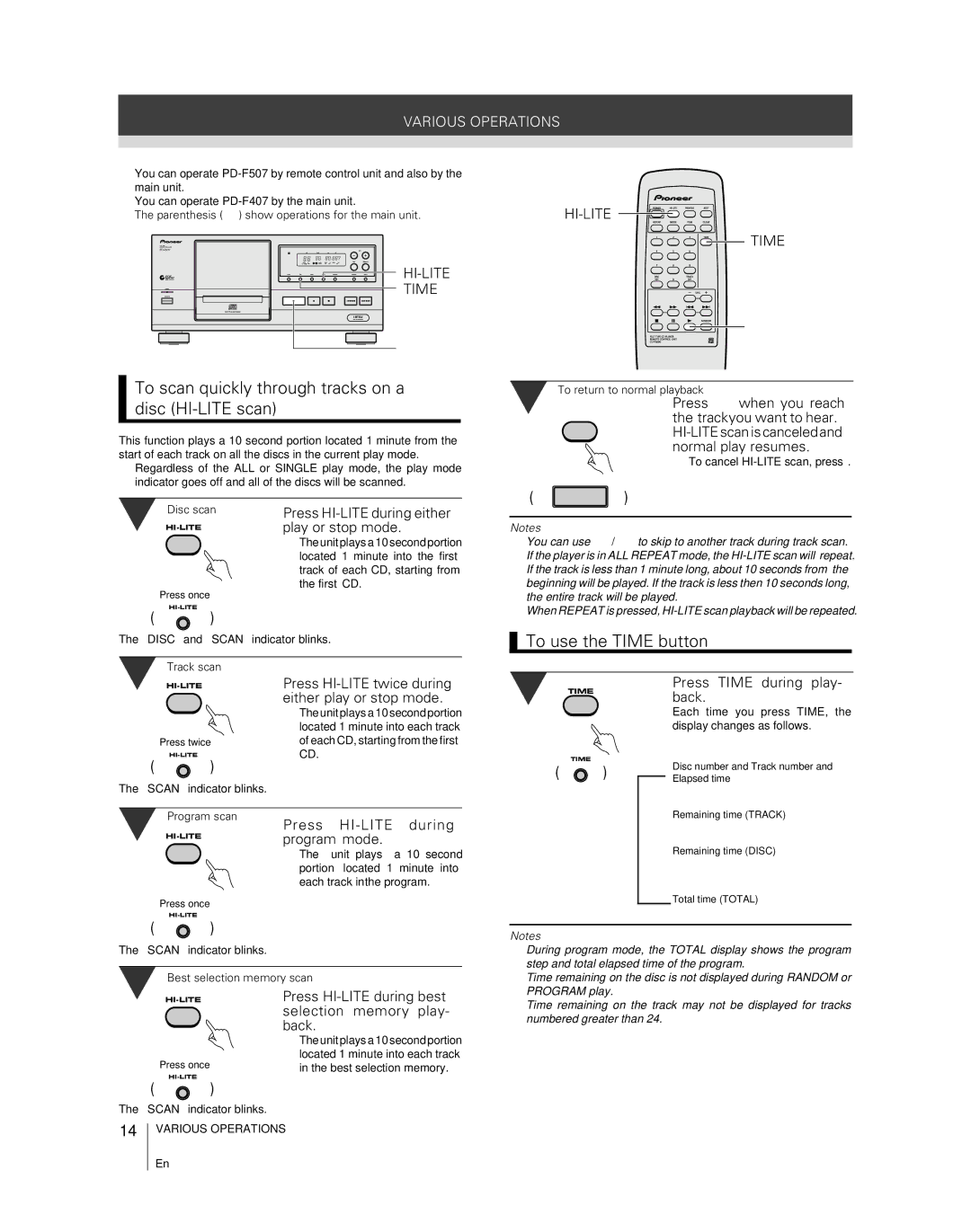 Pioneer PD-F407, PD-F507 warranty To scan quickly through tracks on a disc HI-LITE scan, To use the Time button 