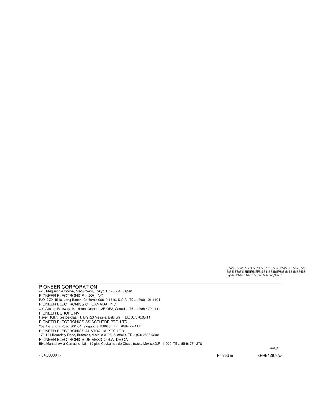 Pioneer PD-F407, PD-F507 warranty Pioneer Corporation 