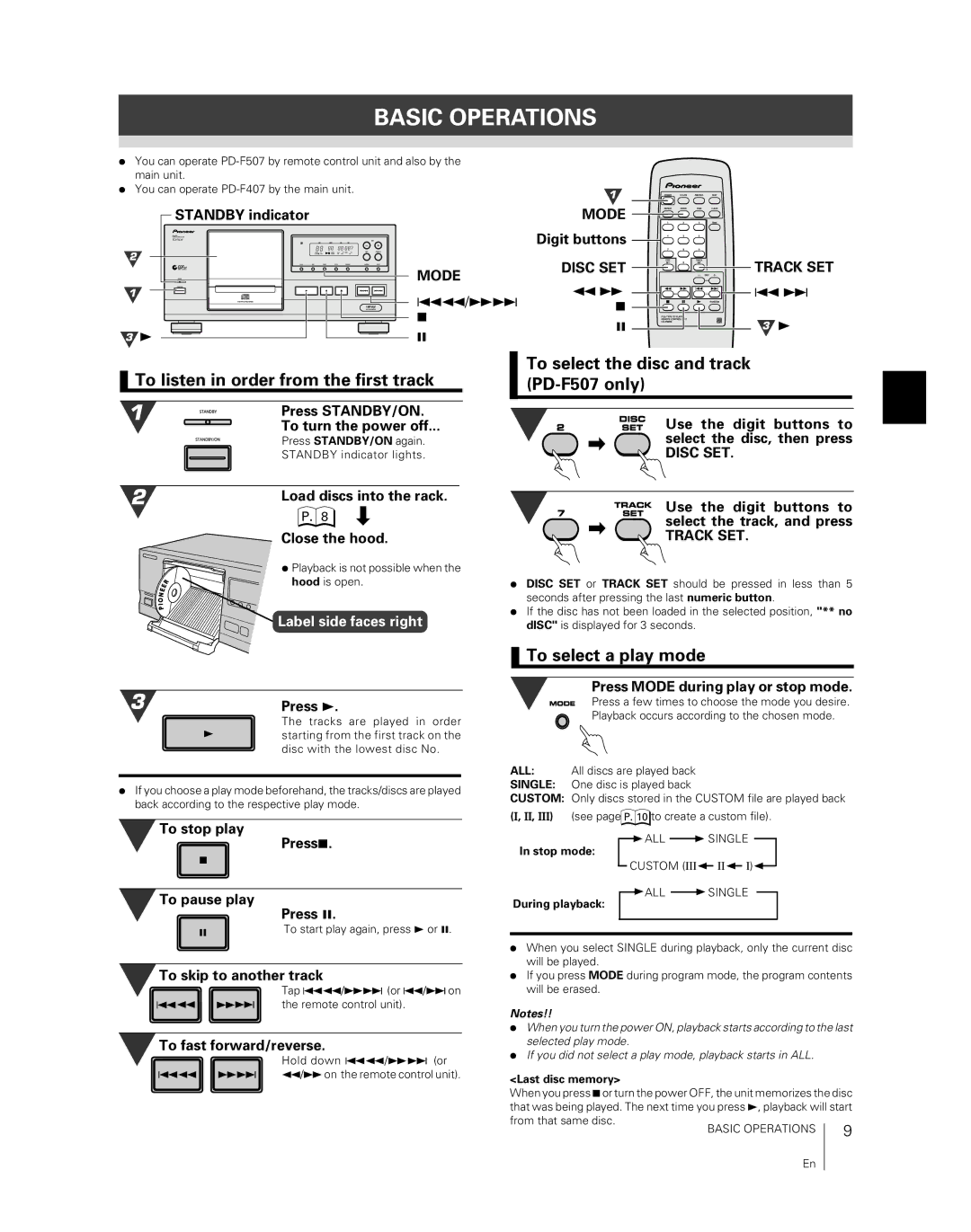 Pioneer PD-F407 Basic Operations, To listen in order from the first track, To select the disc and track PD-F507 only 