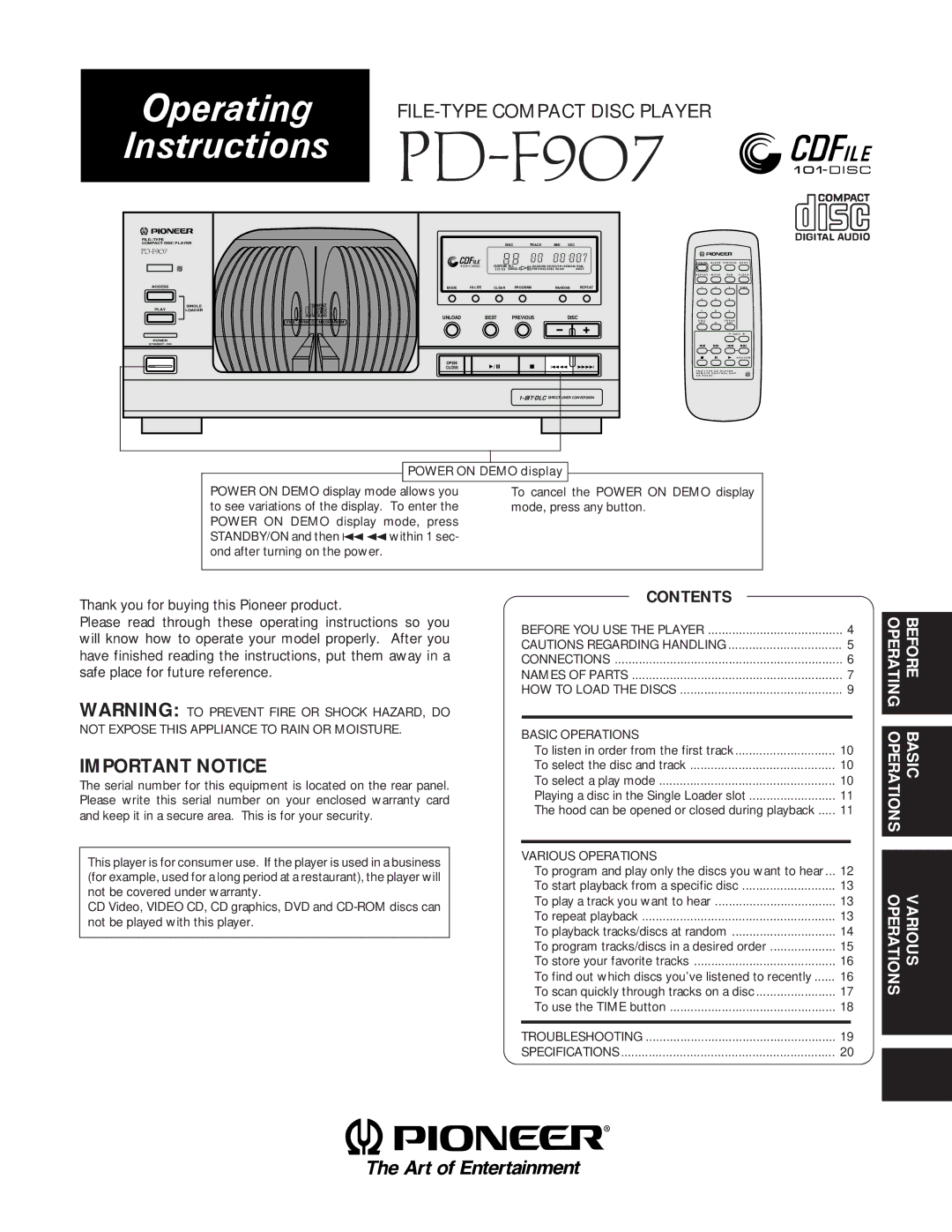 Pioneer PD-F907 specifications Important Notice, Contents 