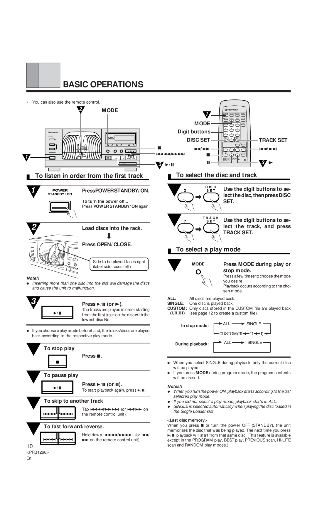 Pioneer PD-F907 specifications Basic Operations, To listen in order from the first track, To select the disc and track 