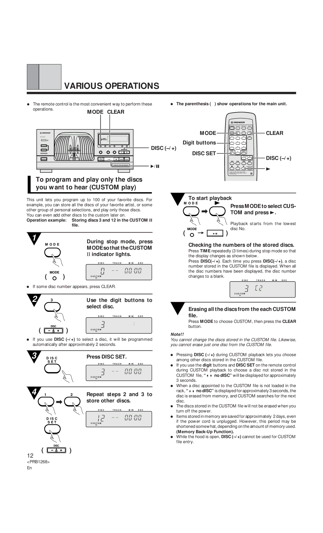 Pioneer PD-F907 specifications Various Operations, Clear 