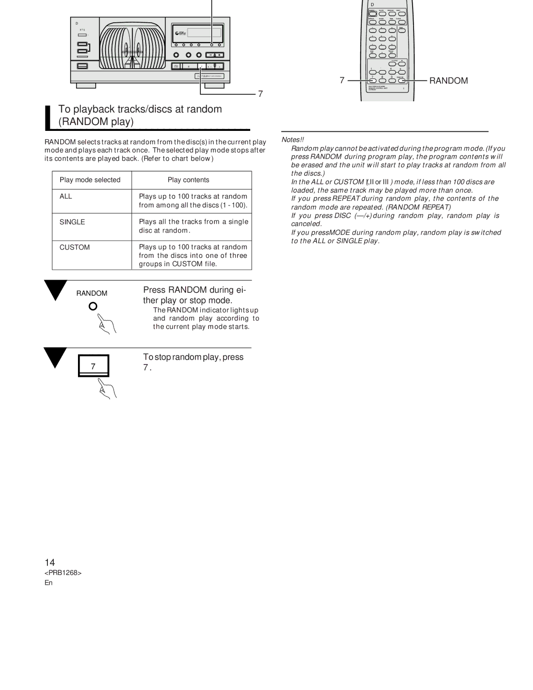 Pioneer PD-F907 To playback tracks/discs at random Random play, Press Random during ei, Ther play or stop mode 