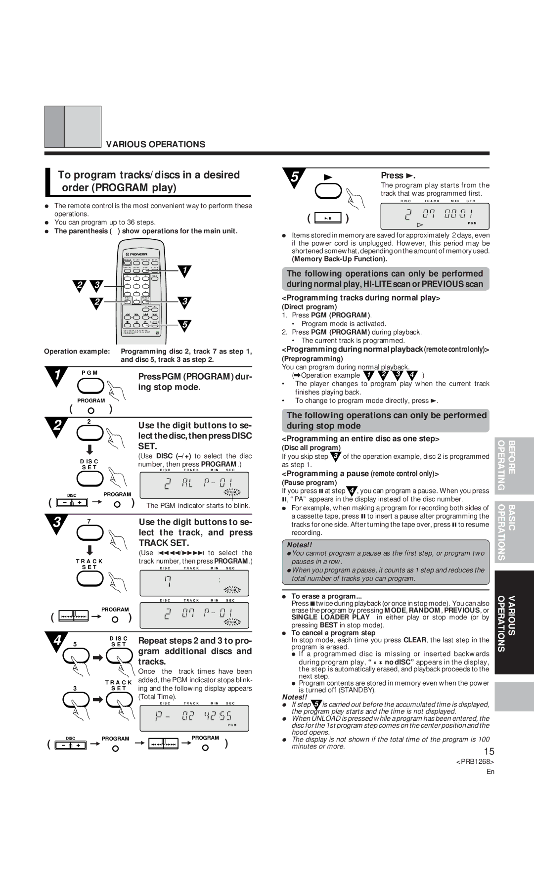 Pioneer PD-F907 To program tracks/discs in a desired order Program play, Ing stop mode, Lect the disc, then press Disc 