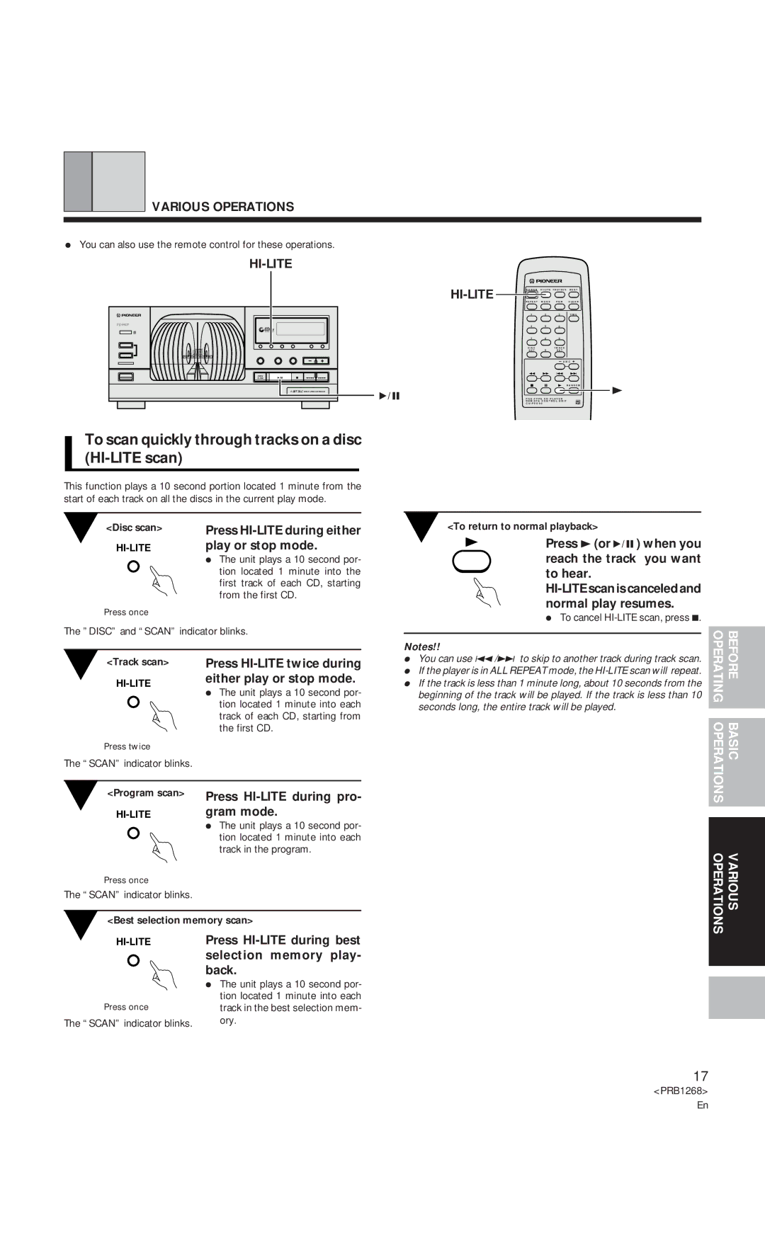 Pioneer PD-F907 specifications To scan quickly through tracks on a disc HI-LITE scan, Hi-Lite 