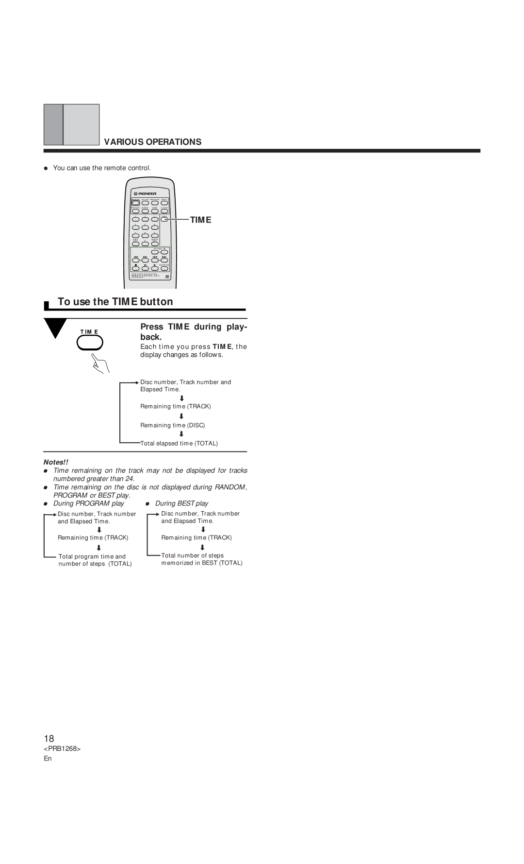 Pioneer PD-F907 specifications To use the Time button, Press Time during play- back, You can use the remote control 