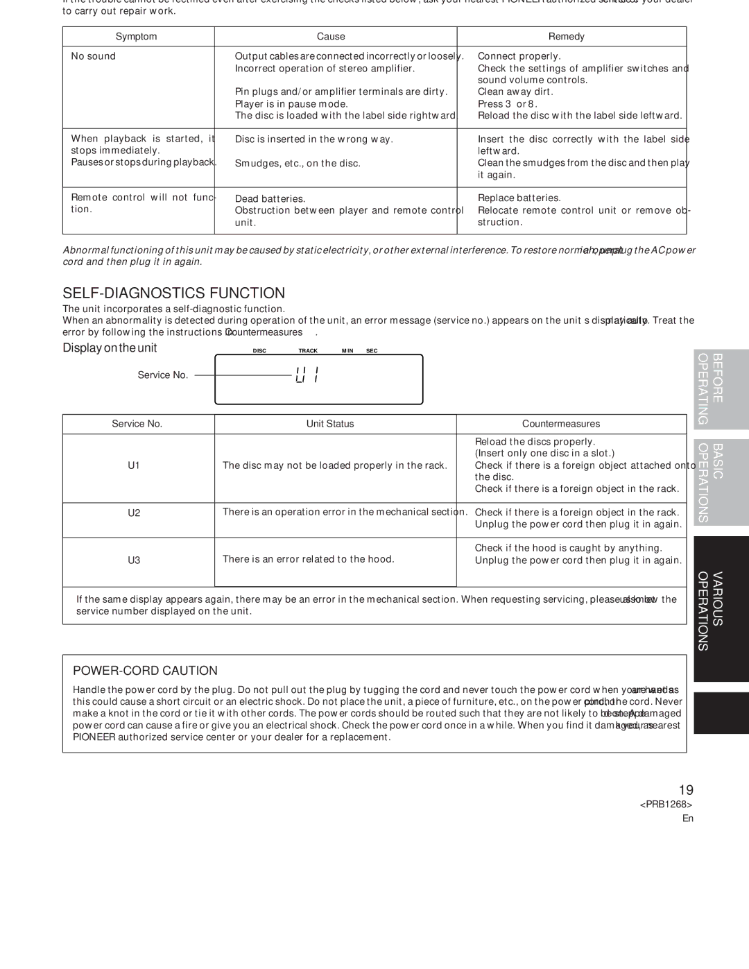 Pioneer PD-F907 specifications Troubleshooting, SELF-DIAGNOSTICS Function, Display on the unit, POWER-CORD Caution 