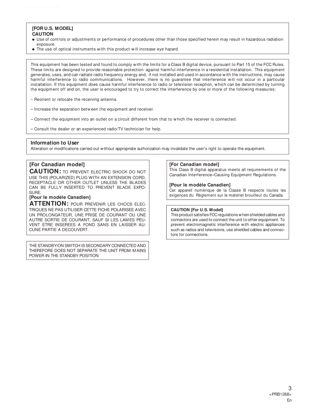 Pioneer PD-F907 specifications Information to User, For Canadian model 