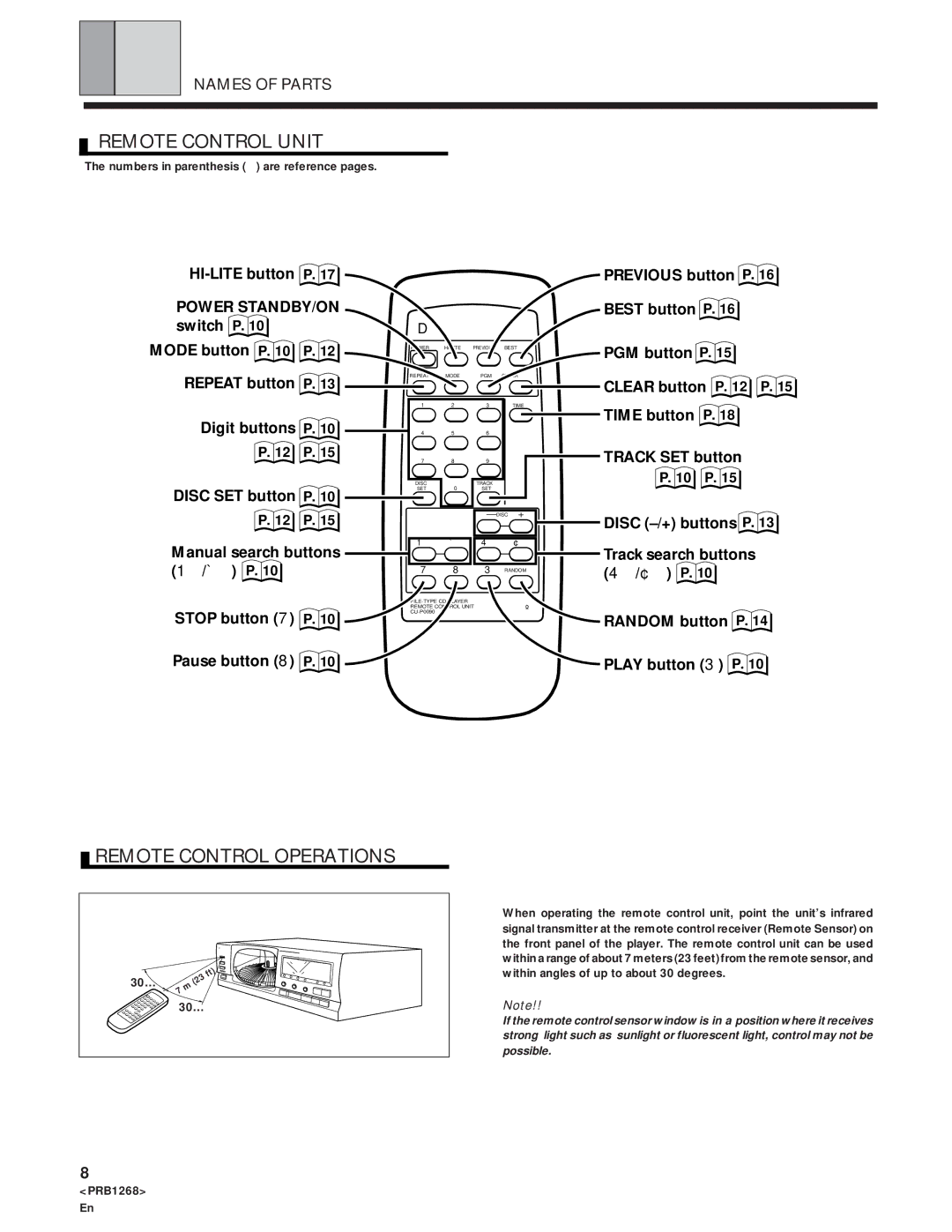 Pioneer PD-F907 specifications Remote Control Unit, Remote Control Operations, Names of Parts, Track search buttons 4/¢ 