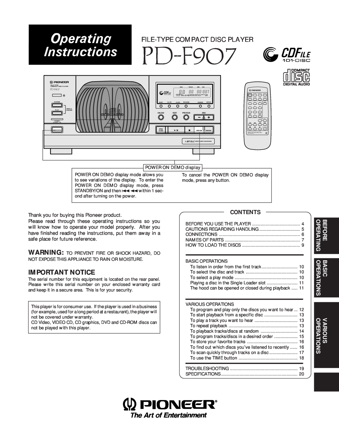 Pioneer PD-F907 specifications Important Notice, Operating, Before, Operations, Basic, Various, ×óÀX/?³ 