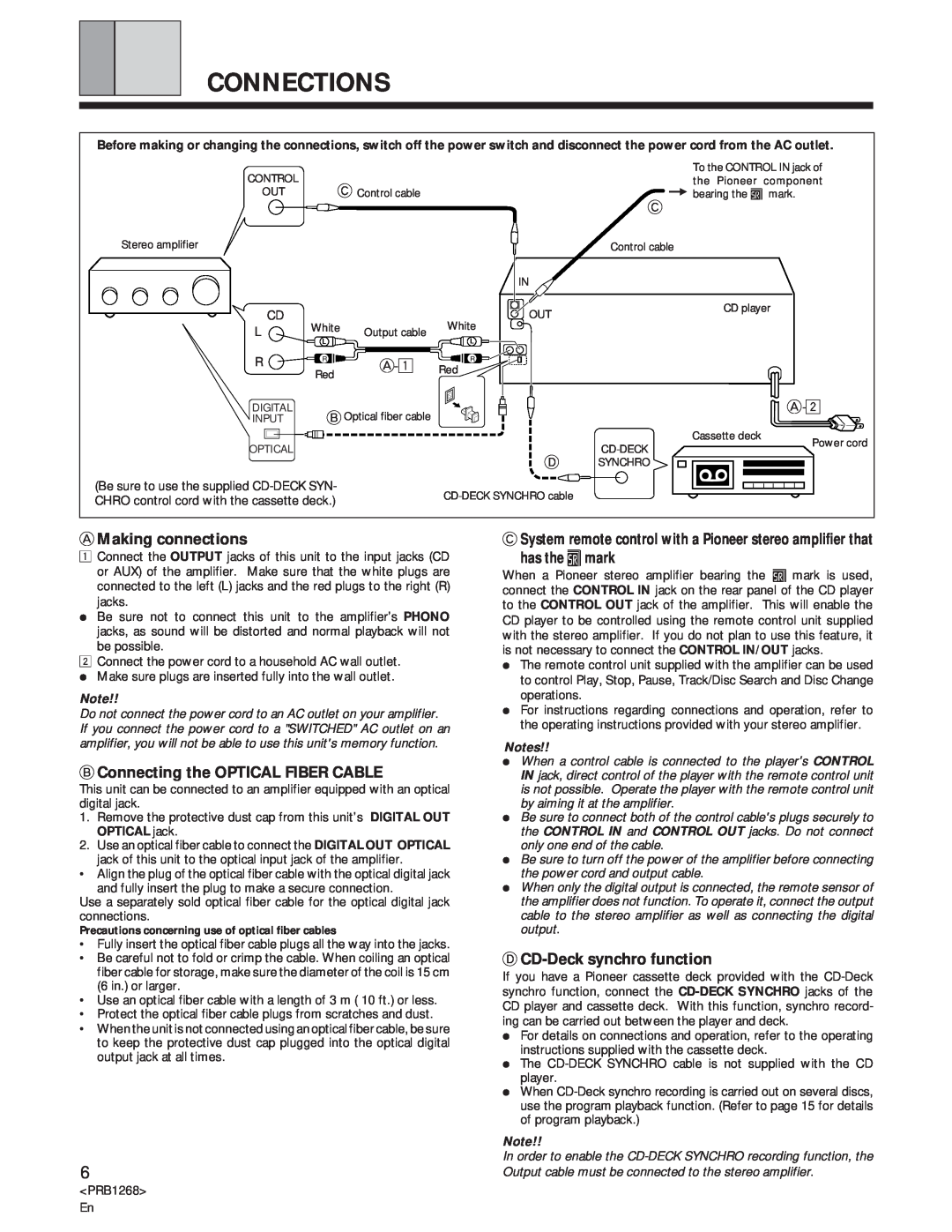 Pioneer PD-F907 specifications Connections, AMaking connections, BConnecting the OPTICAL FIBER CABLE, has the ëmark 