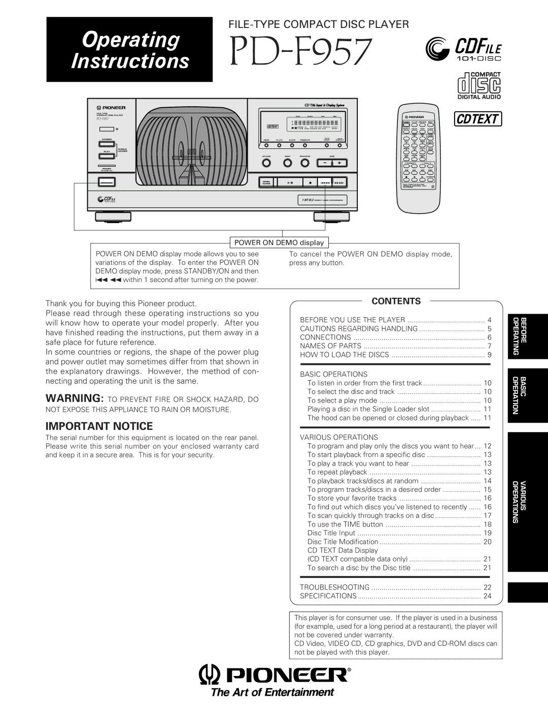 Pioneer PD-F957 specifications Important Notice, Contents 