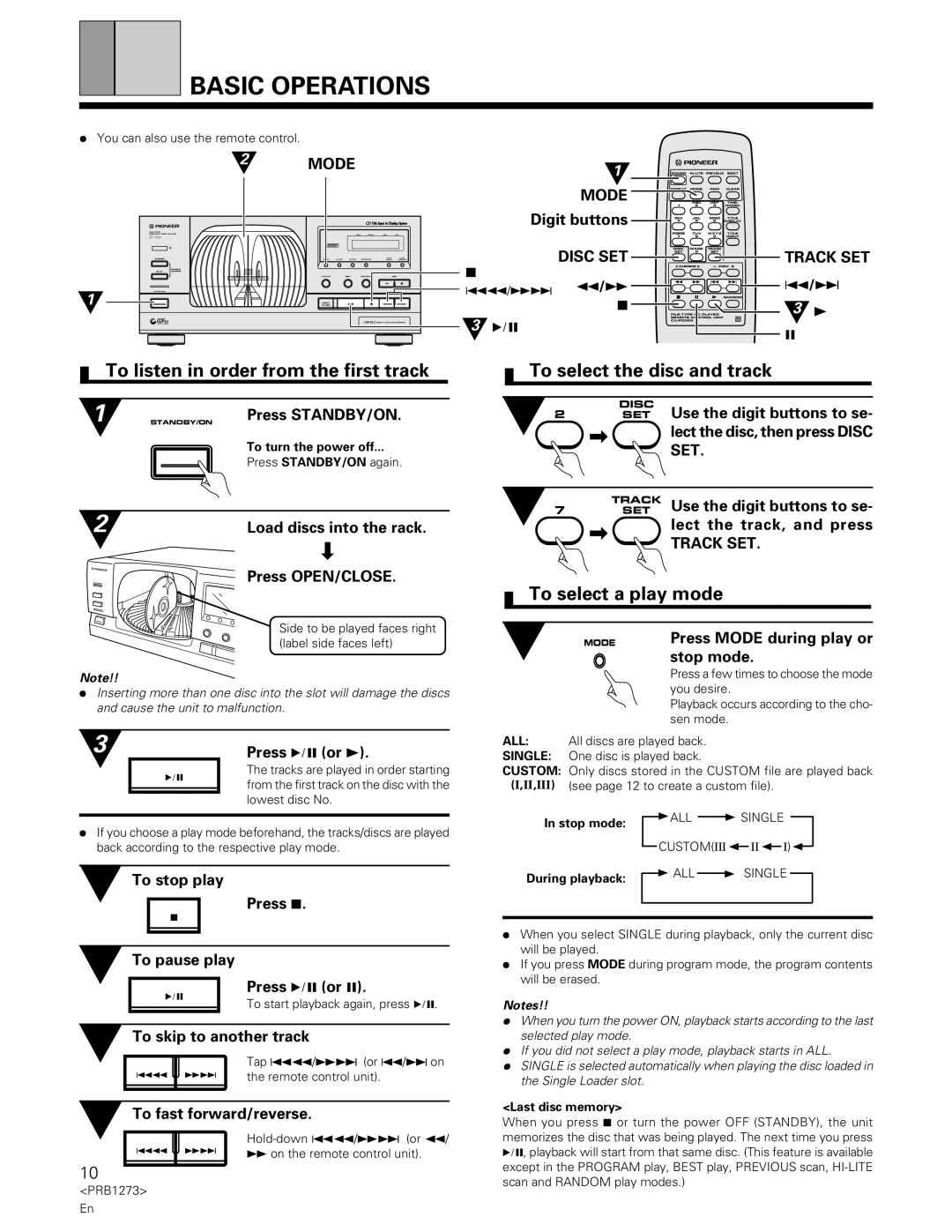 Pioneer PD-F957 specifications Basic Operations, To listen in order from the first track, To select the disc and track 