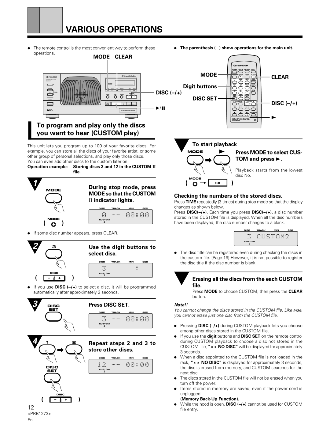 Pioneer PD-F957 specifications Various Operations, Mode Clear 