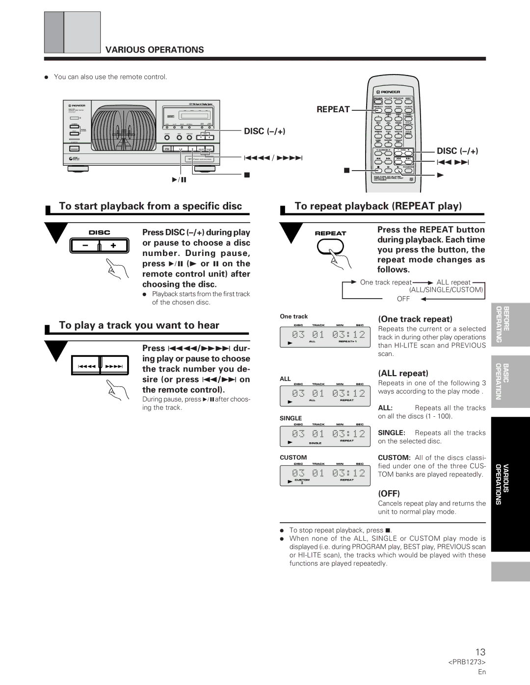 Pioneer PD-F957 specifications To play a track you want to hear, Various Operations, Repeat, Off 