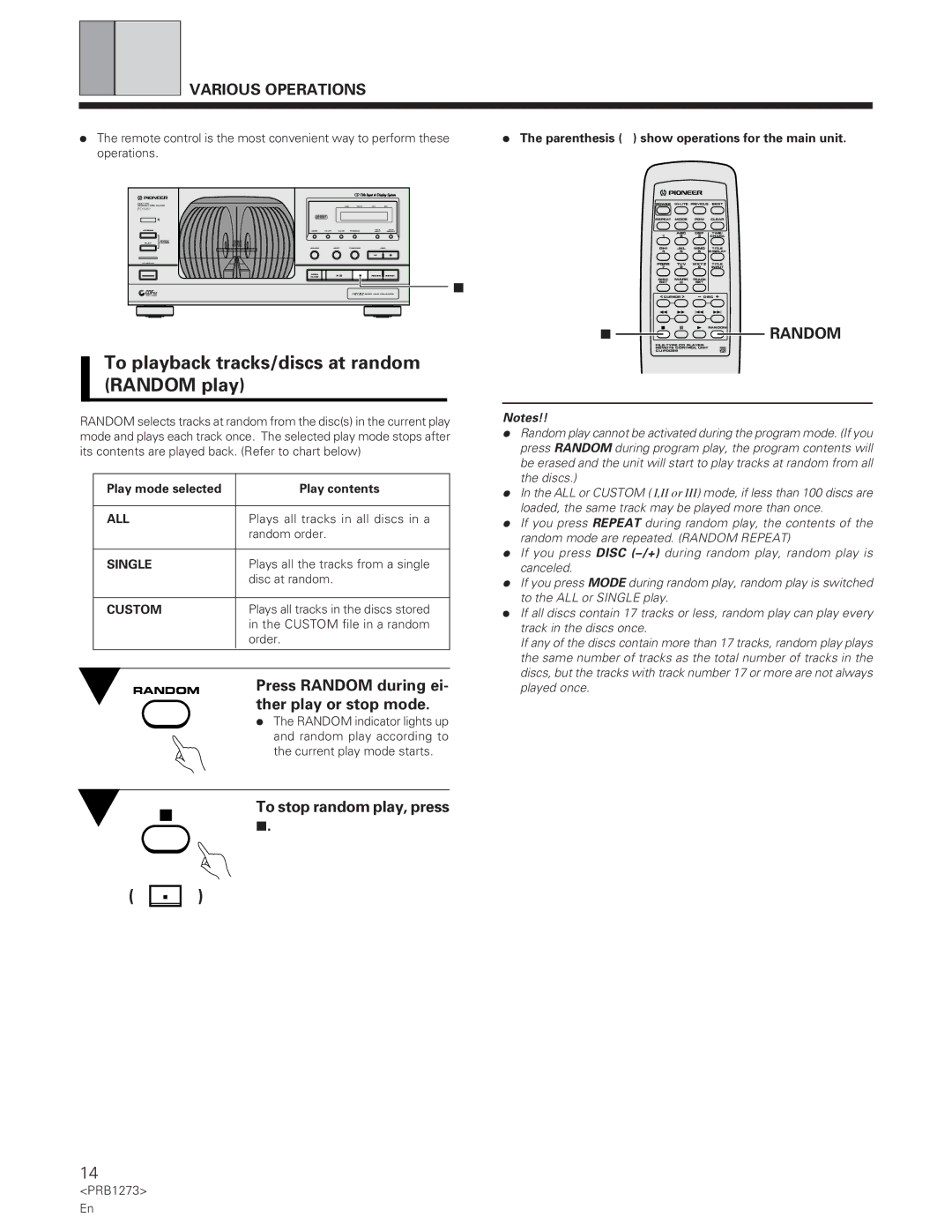 Pioneer PD-F957 To playback tracks/discs at random Random play, Press Random during ei, Ther play or stop mode 