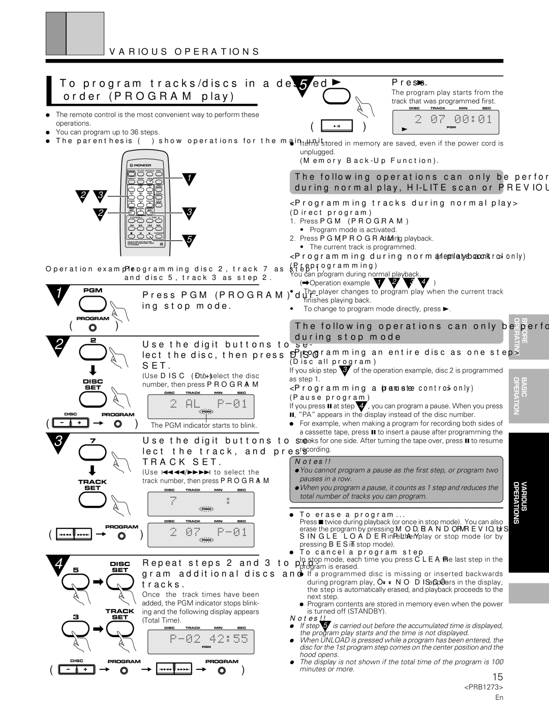 Pioneer PD-F957 specifications To program tracks/discs in a desired order Program play, Ing stop mode 