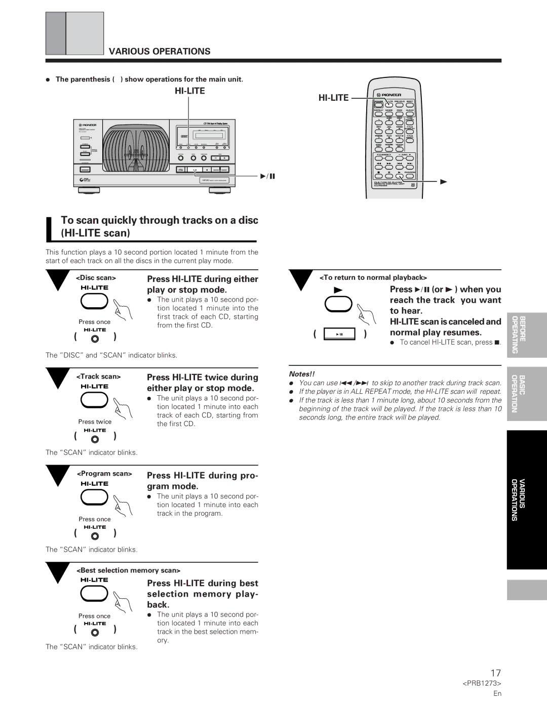 Pioneer PD-F957 specifications To scan quickly through tracks on a disc HI-LITE scan, Hi-Lite 