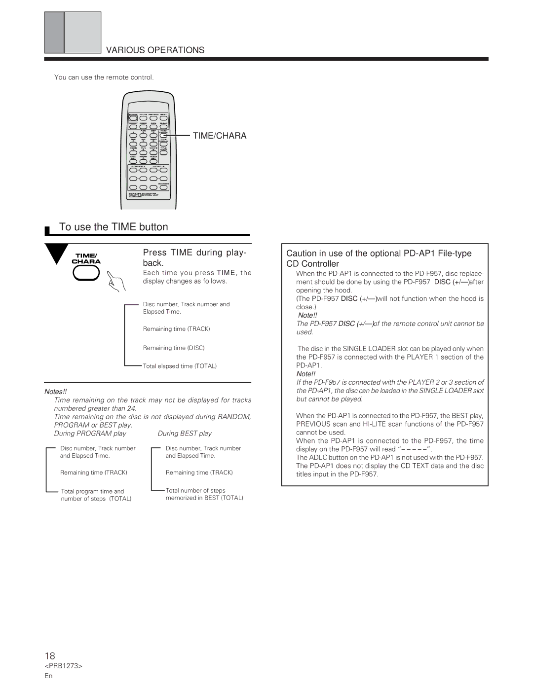 Pioneer PD-F957 specifications To use the Time button, Time/Chara, Press Time during play- back 