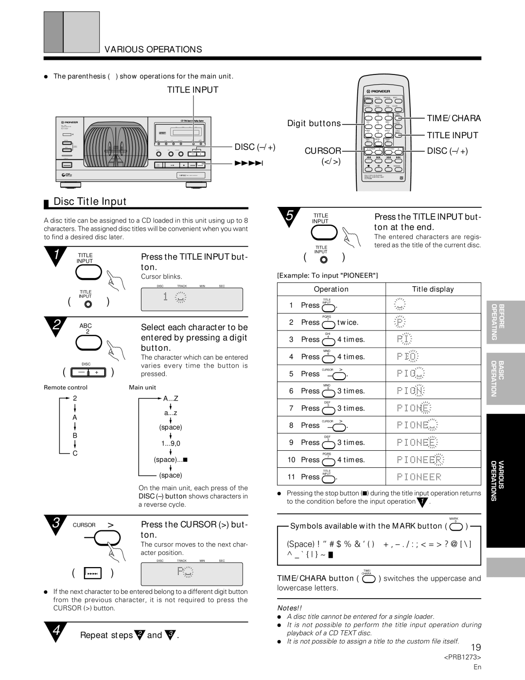 Pioneer PD-F957 specifications Disc Title Input, Cursor 