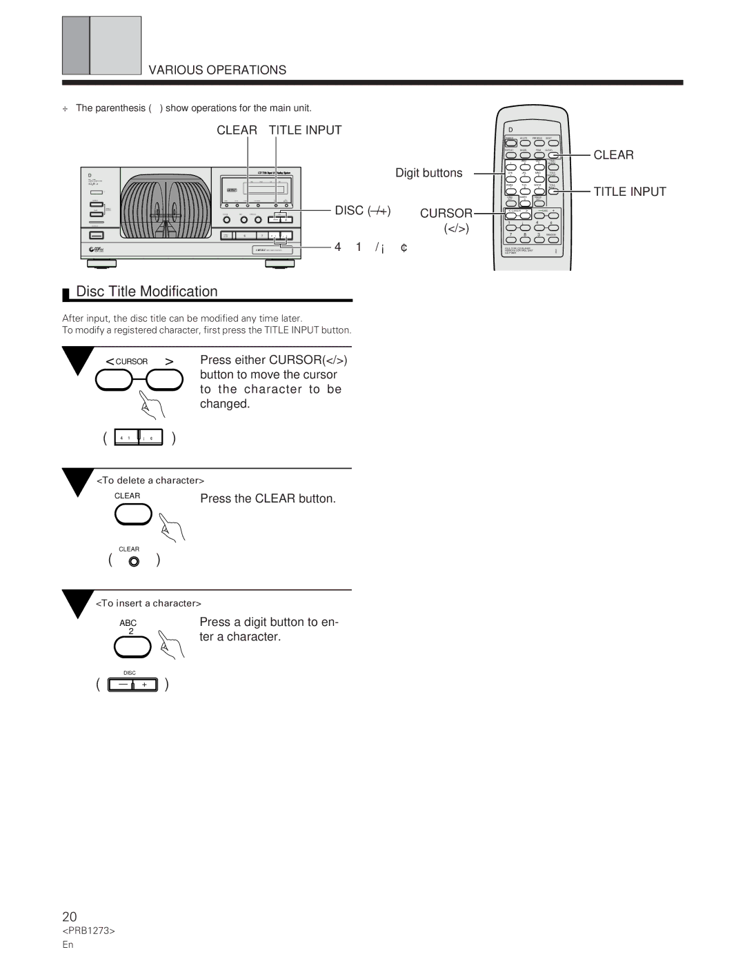 Pioneer PD-F957 Disc Title Modification, Clear Title Input, Press the Clear button, Press a digit button to en 