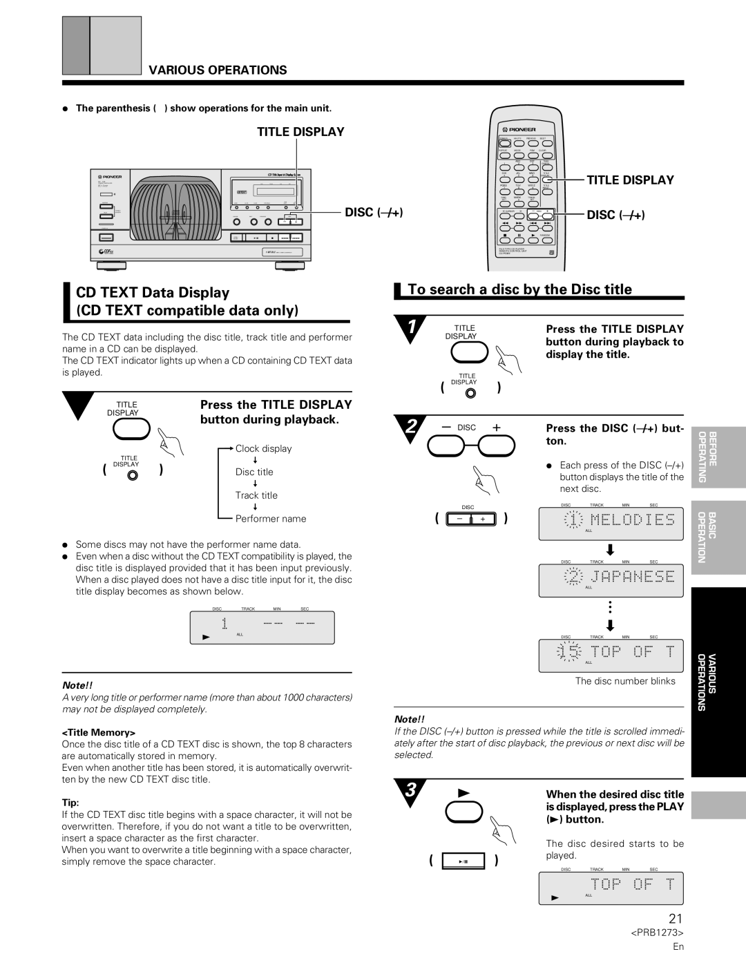 Pioneer PD-F957 CD Text Data Display CD Text compatible data only, To search a disc by the Disc title, Title Display 