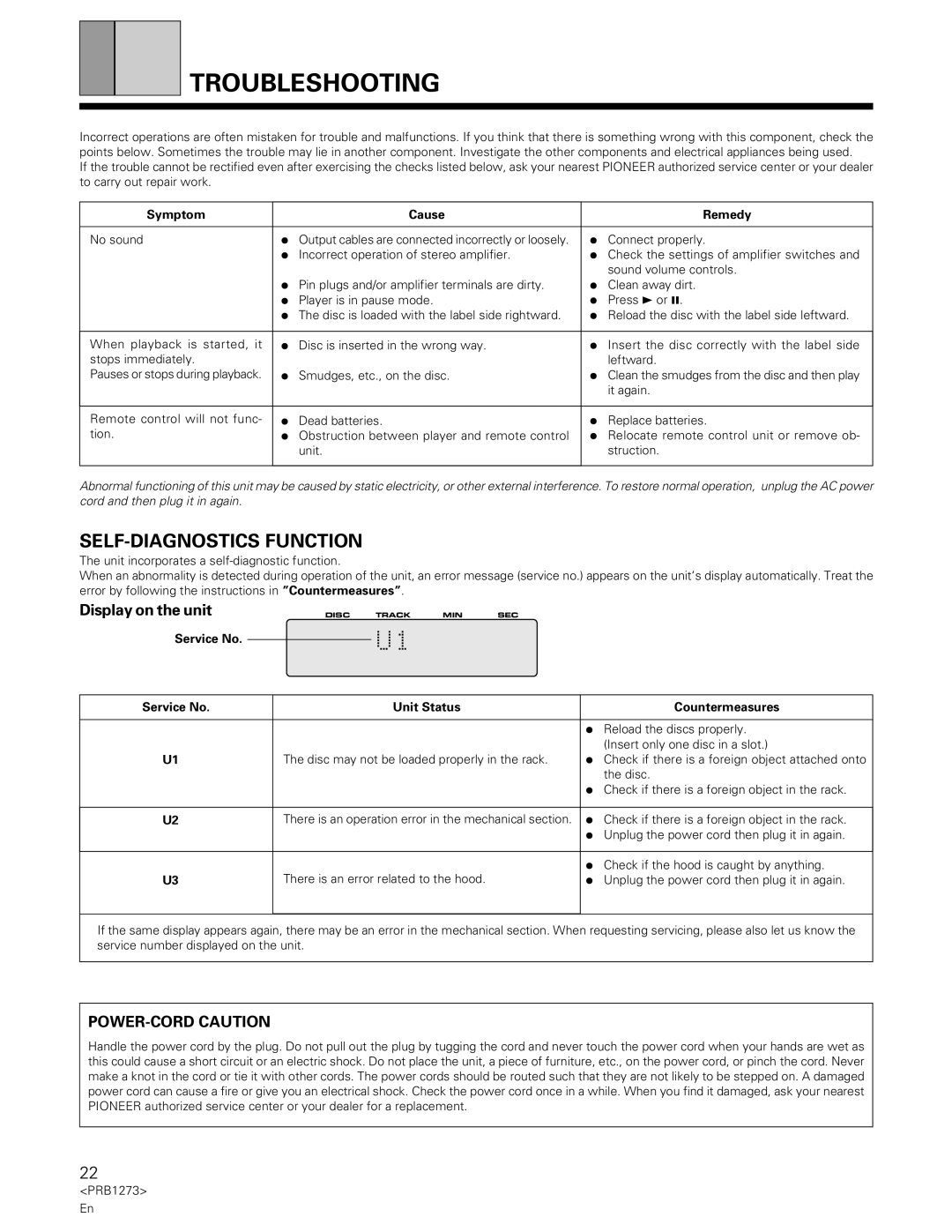 Pioneer PD-F957 specifications Troubleshooting, SELF-DIAGNOSTICS Function, Display on the unit, POWER-CORD Caution 