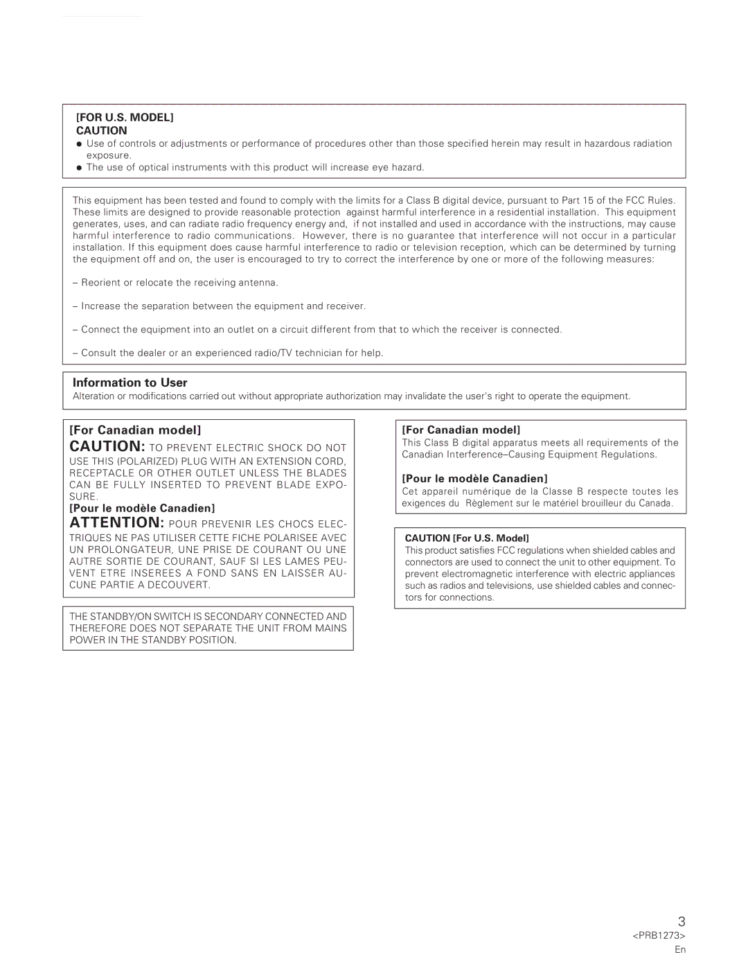 Pioneer PD-F957 specifications Information to User, For Canadian model 