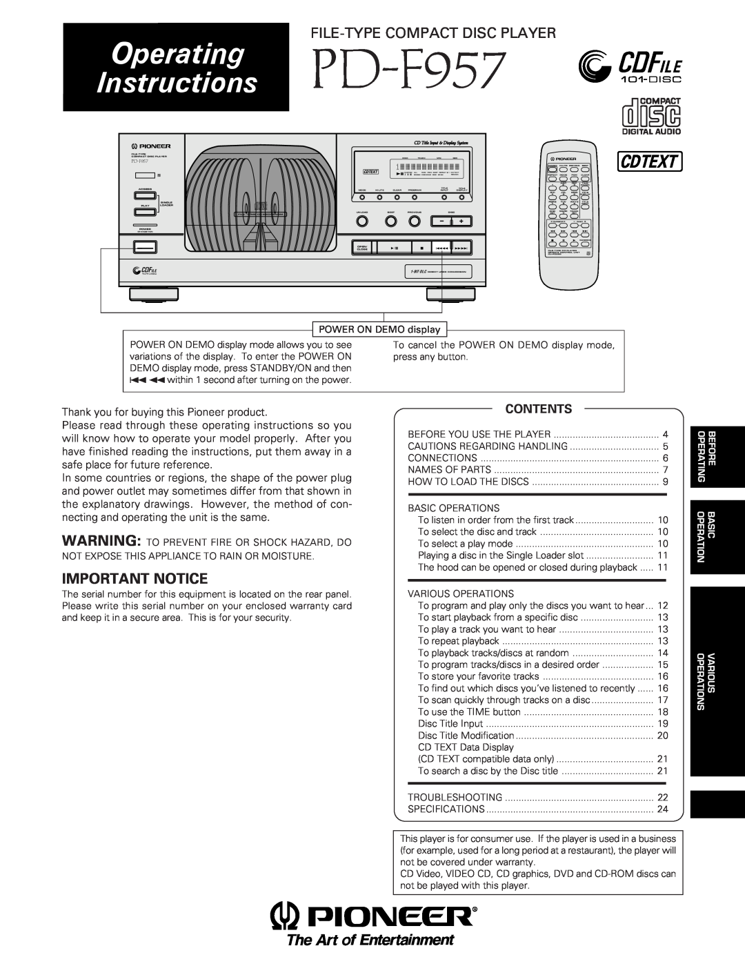 Pioneer PD-F957 specifications File-Typecompact Disc Player, Important Notice, Û¿X/.≥ 