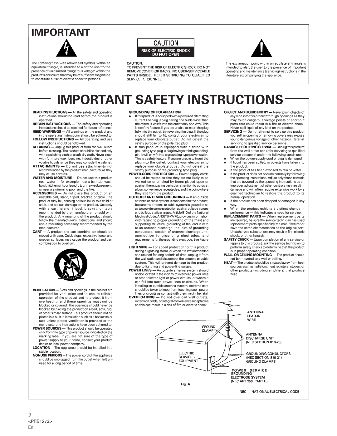 Pioneer PD-F957 Important Safety Instructions, Risk Of Electric Shock Do Not Open, Grounding Or Polarization, Fig. A 