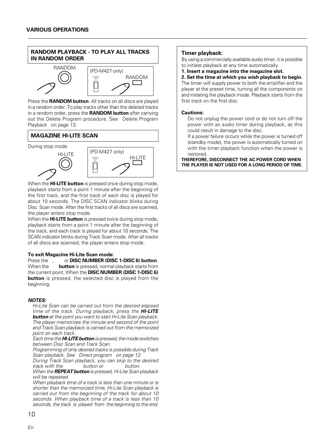 Pioneer PD-M407, PD-M427 manual Magazine HI-LITE Scan, Timer playback 