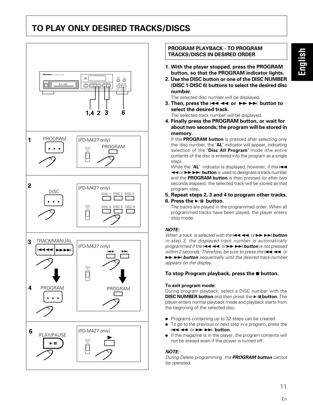 Pioneer PD-M427, PD-M407 manual To Play only Desired TRACKS/DISCS, Program Playback to Program TRACKS/DISCS in Desired Order 