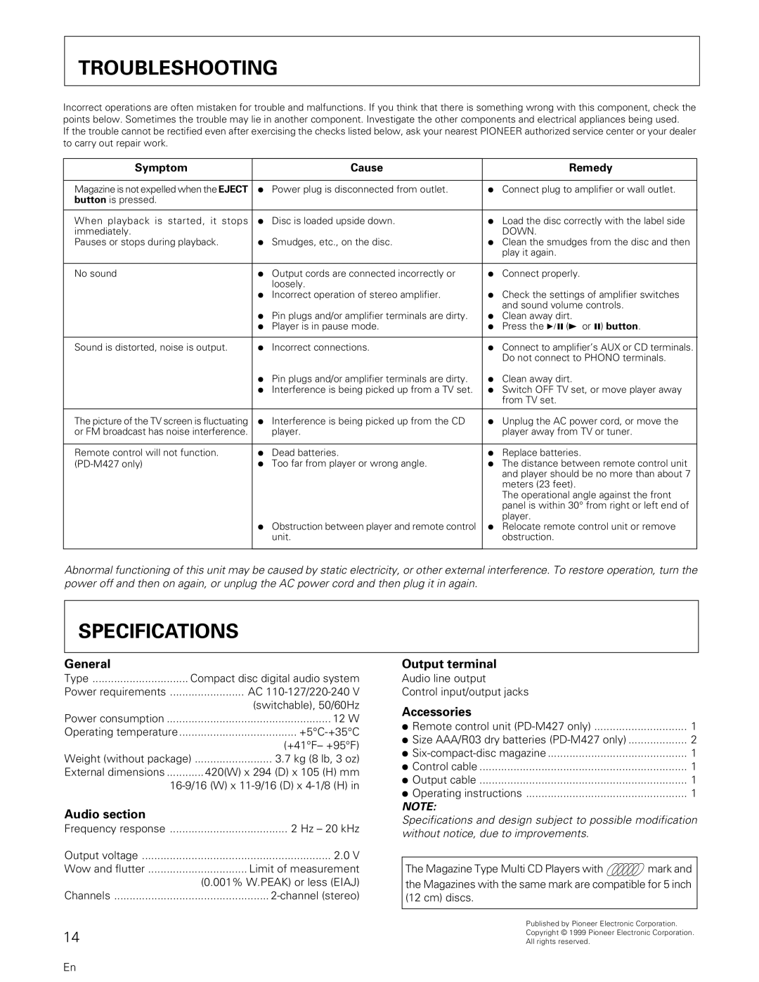 Pioneer PD-M407, PD-M427 manual Troubleshooting, Specifications 