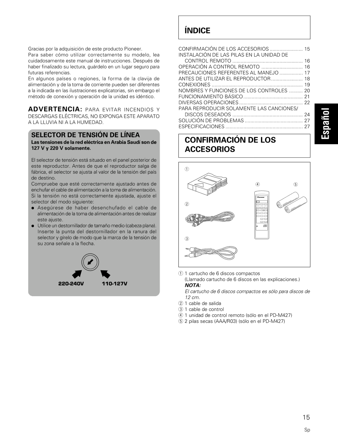 Pioneer PD-M427, PD-M407 manual Índice, Confirmación DE LOS Accesorios, Selector DE Tensión DE Línea, 220-240V 