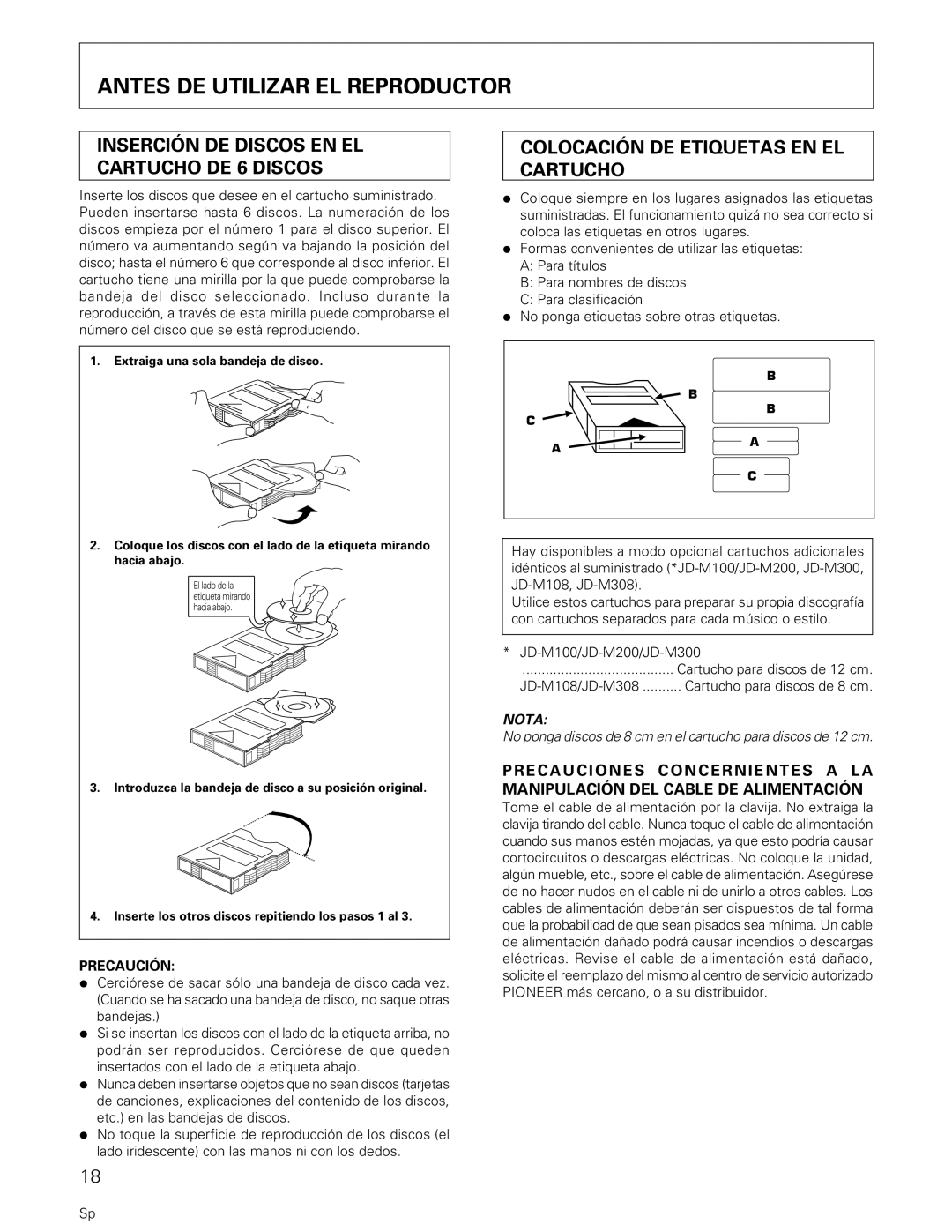 Pioneer PD-M407, PD-M427 manual Antes DE Utilizar EL Reproductor, Inserción DE Discos EN EL Cartucho DE 6 Discos 