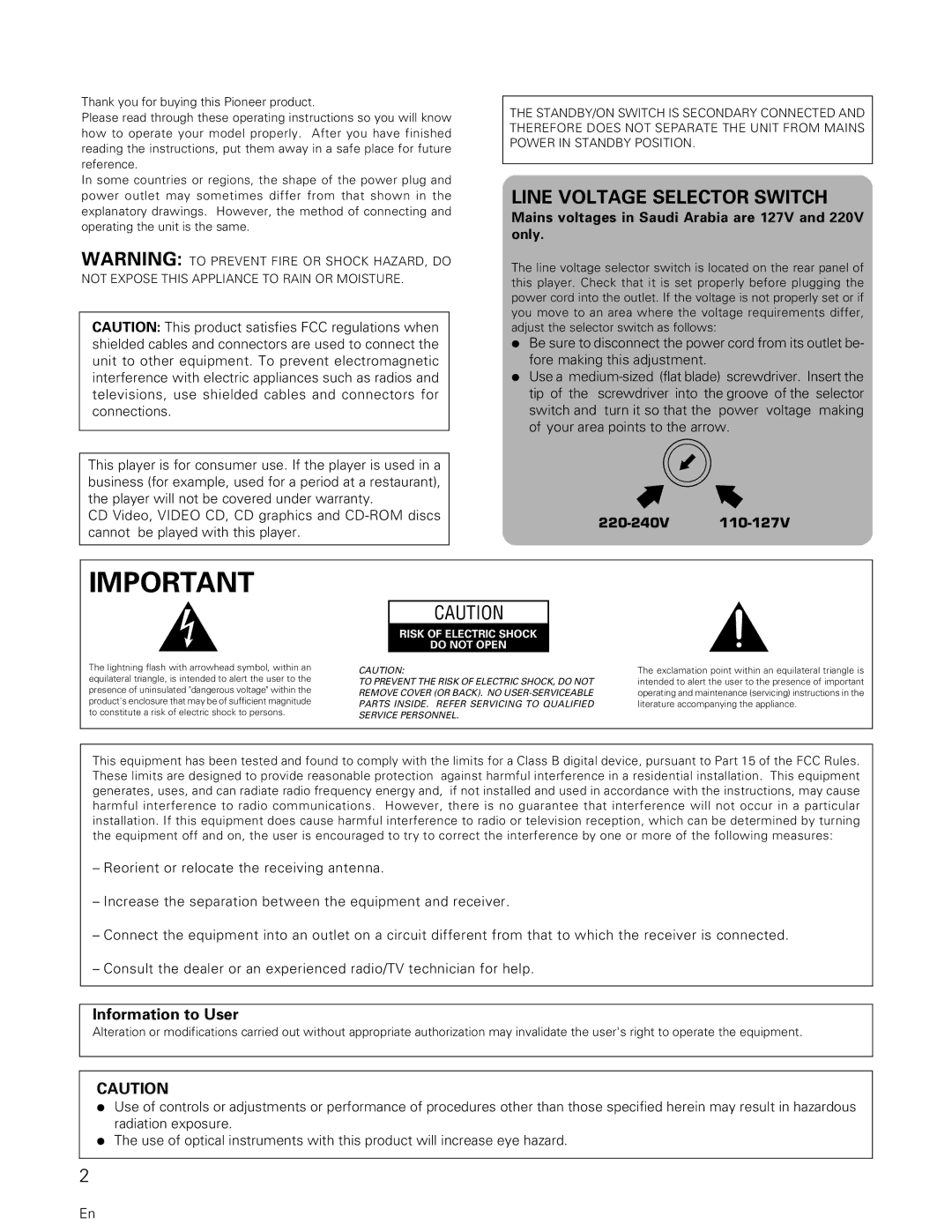Pioneer PD-M407 Line Voltage Selector Switch, Information to User, Mains voltages in Saudi Arabia are 127V and 220V only 