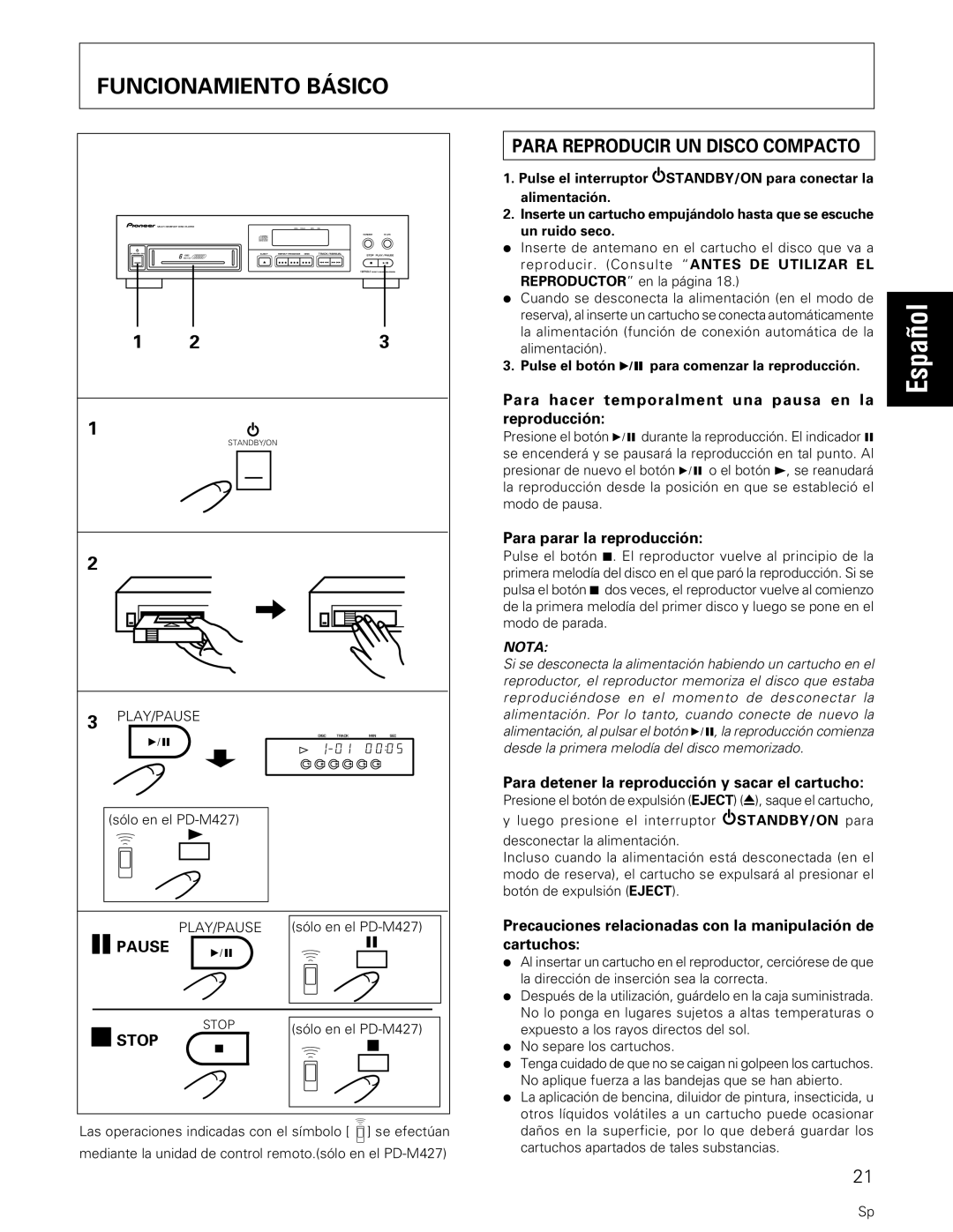 Pioneer PD-M427, PD-M407 manual Funcionamiento Básico, 8PAUSE 7STOP 