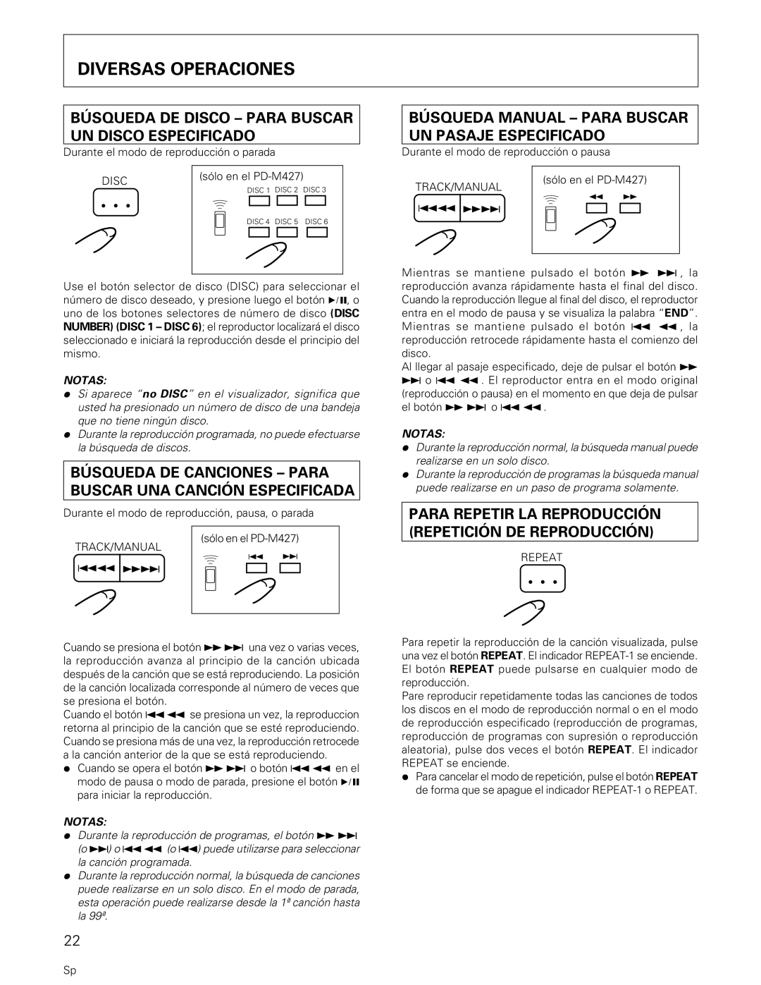 Pioneer PD-M407, PD-M427 manual Diversas Operaciones, Búsqueda DE Disco Para Buscar UN Disco Especificado 