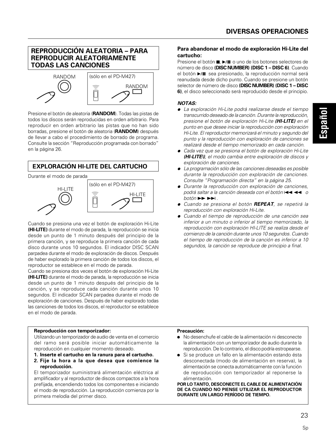 Pioneer PD-M427, PD-M407 manual Diversas Operaciones, Para abandonar el modo de exploración Hi-Lite del cartucho 