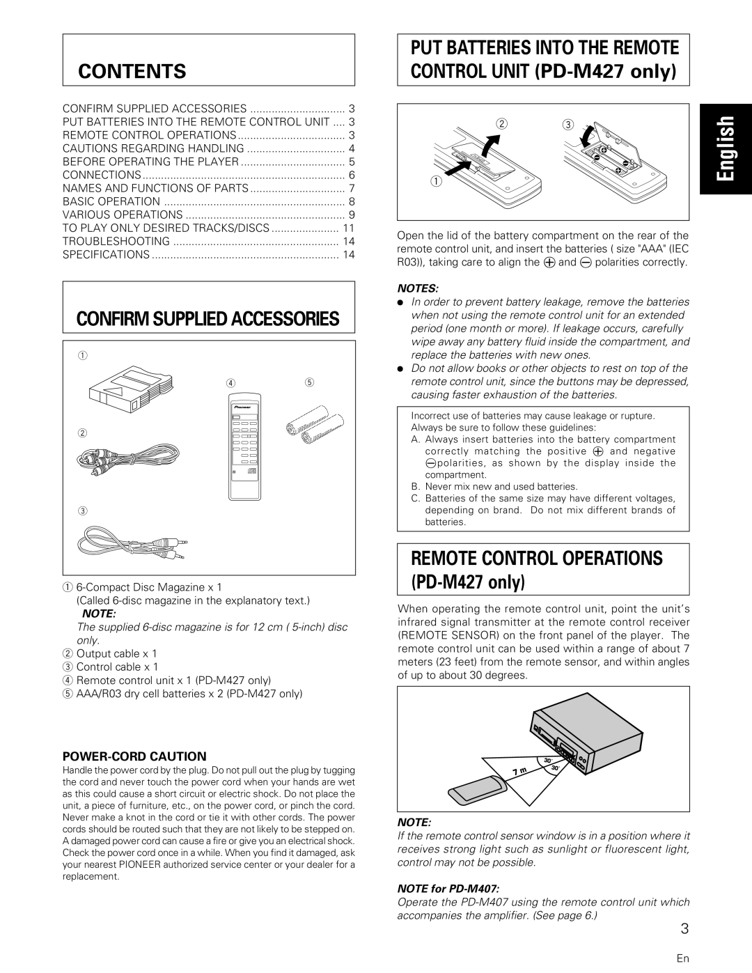 Pioneer PD-M427, PD-M407 manual Contents 