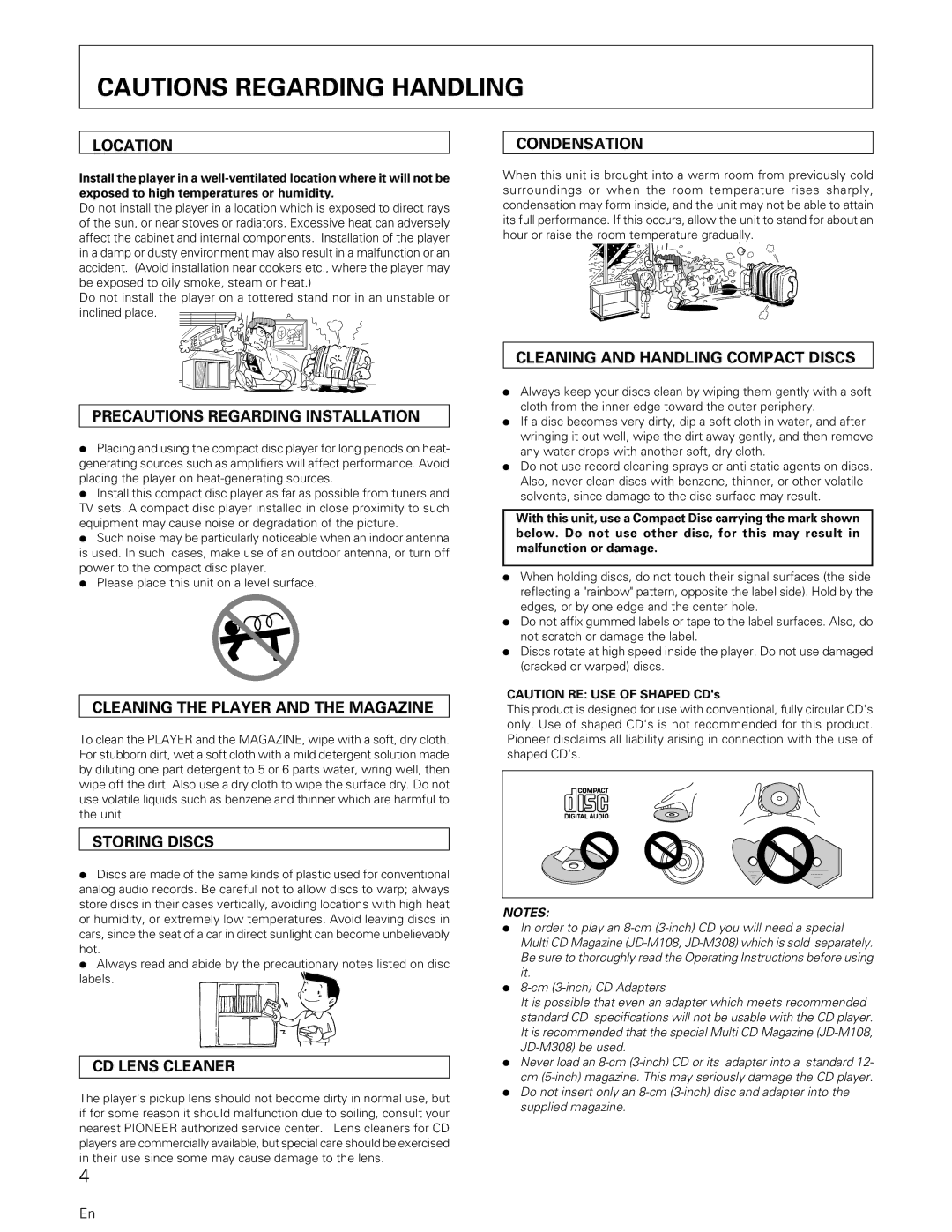 Pioneer PD-M407, PD-M427 Location, Precautions Regarding Installation, Cleaning the Player and the Magazine, Storing Discs 