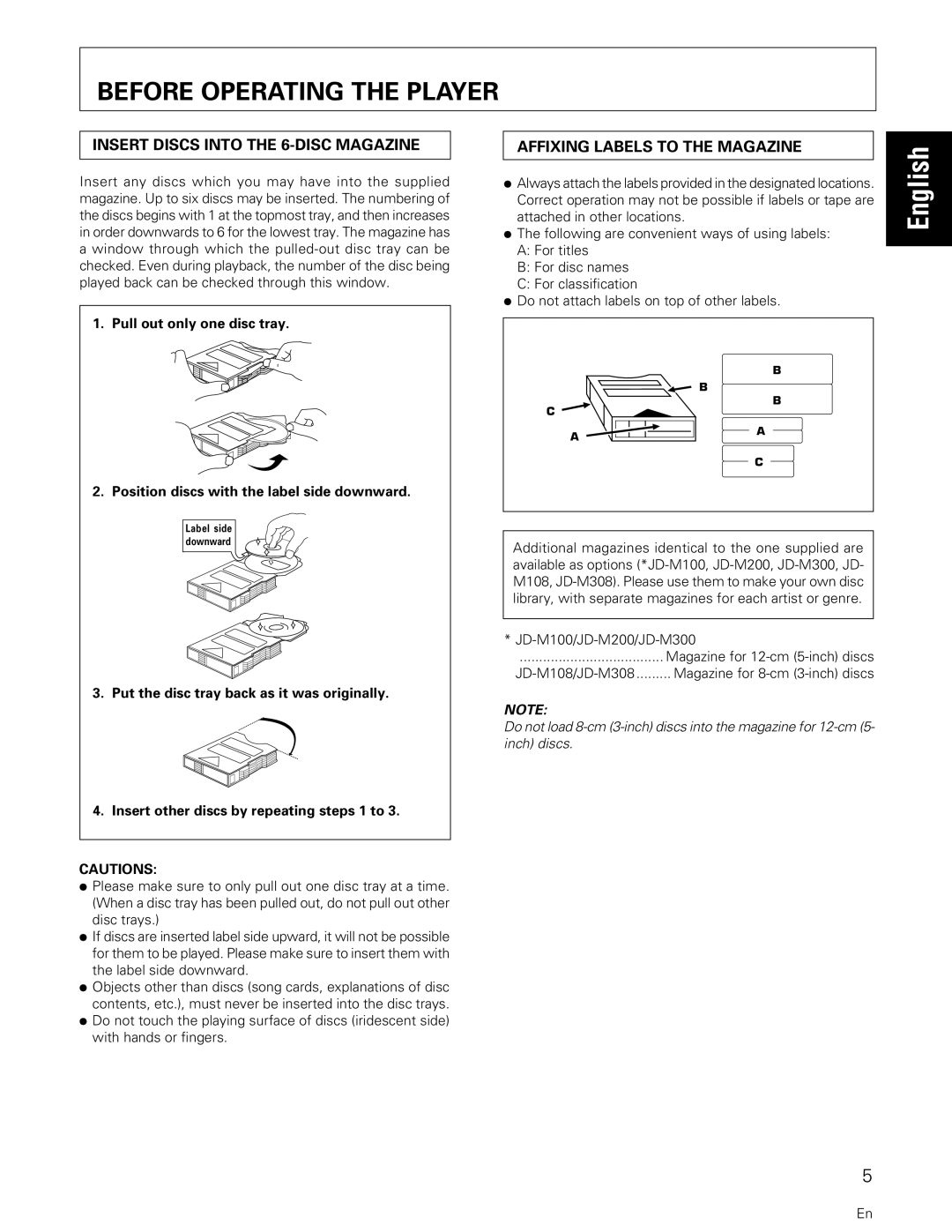 Pioneer PD-M427 manual Before Operating the Player, Insert Discs Into the 6-DISC Magazine, Affixing Labels to the Magazine 