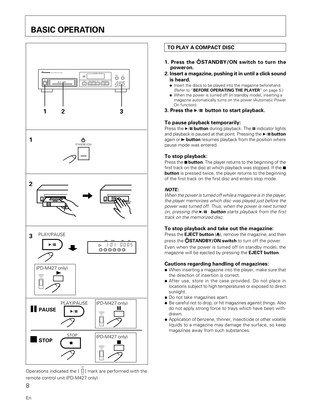 Pioneer PD-M407, PD-M427 manual Basic Operation, 8PAUSE, 7STOP, To Play a Compact Disc 