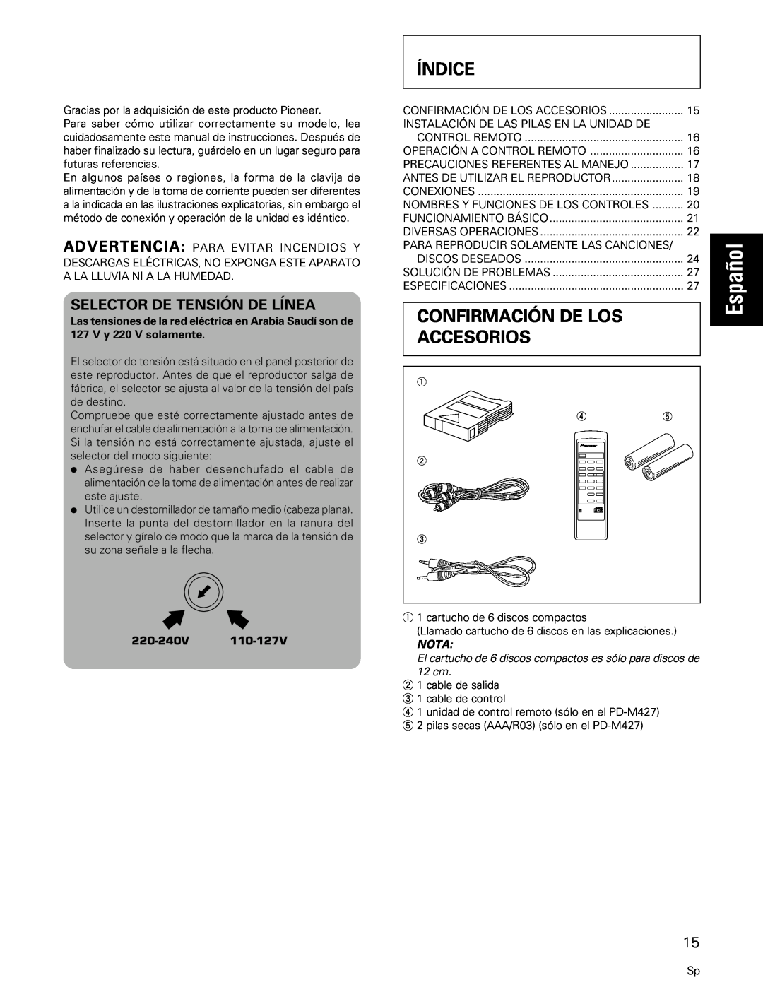Pioneer PD-M427, PD-M407 manual Español, Índice, Confirmación De Los, Accesorios, Nota 