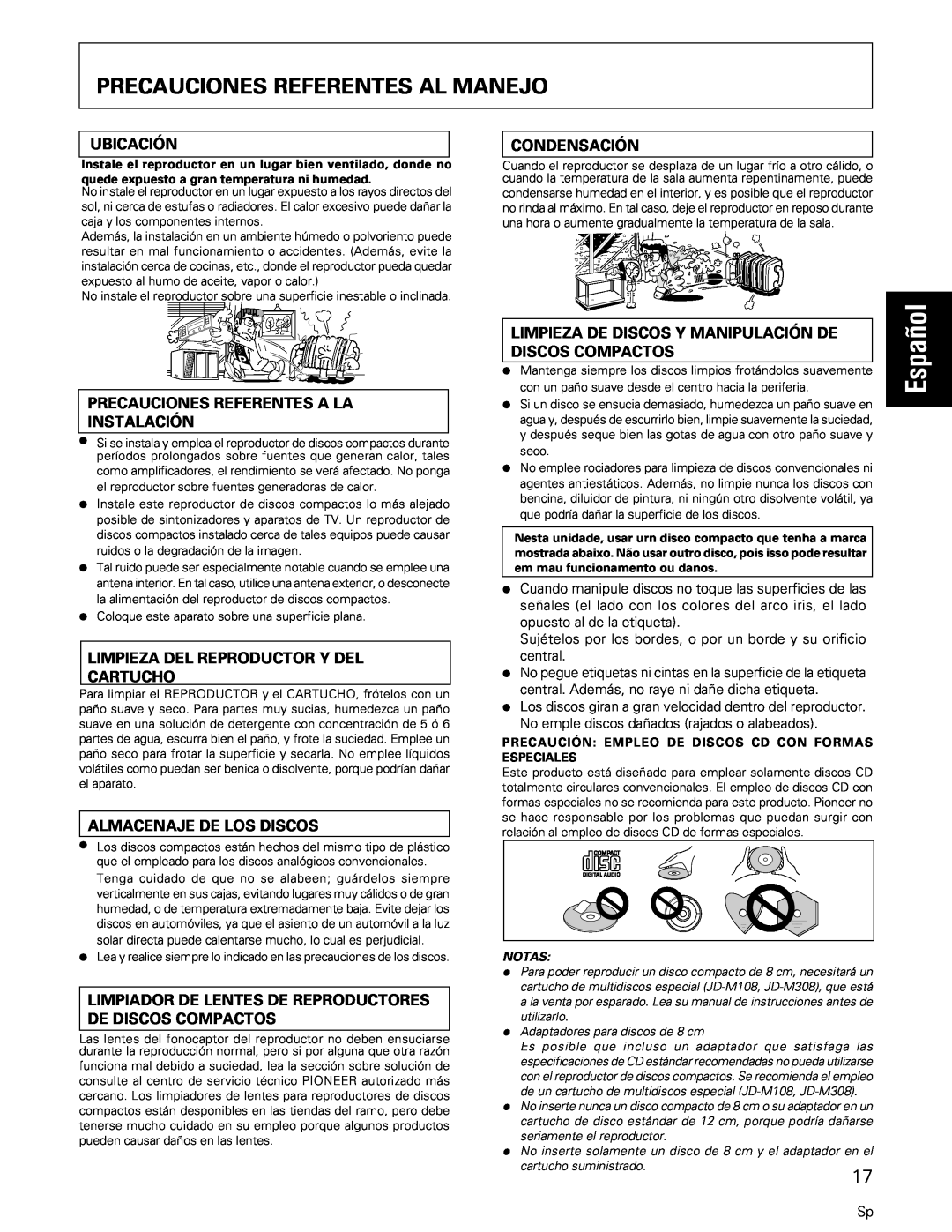Pioneer PD-M427, PD-M407 Español, Precauciones Referentes Al Manejo, Ubicación, Condensación, Almacenaje De Los Discos 