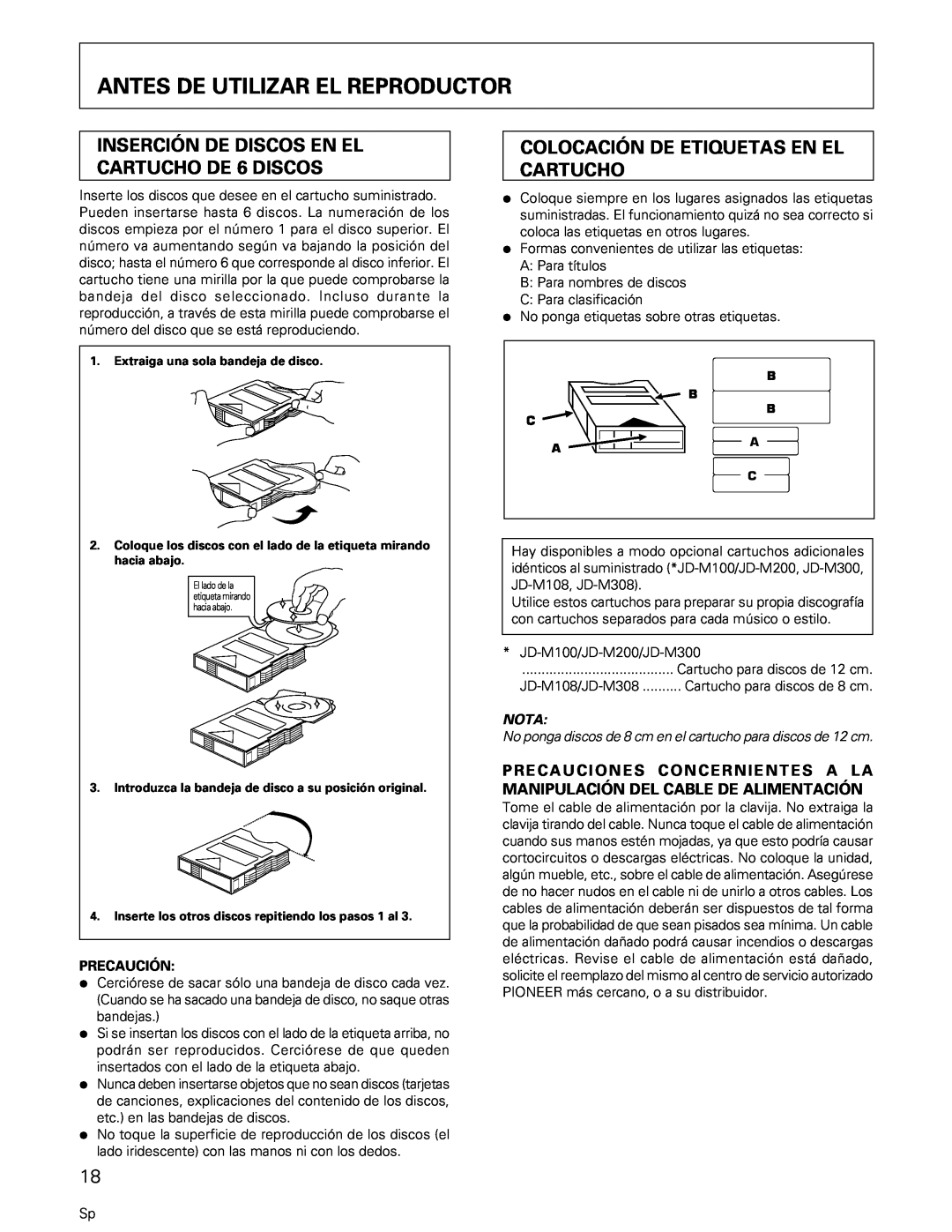 Pioneer PD-M407, PD-M427 manual Antes De Utilizar El Reproductor, INSERCIÓN DE DISCOS EN EL CARTUCHO DE 6 DISCOS, Nota 