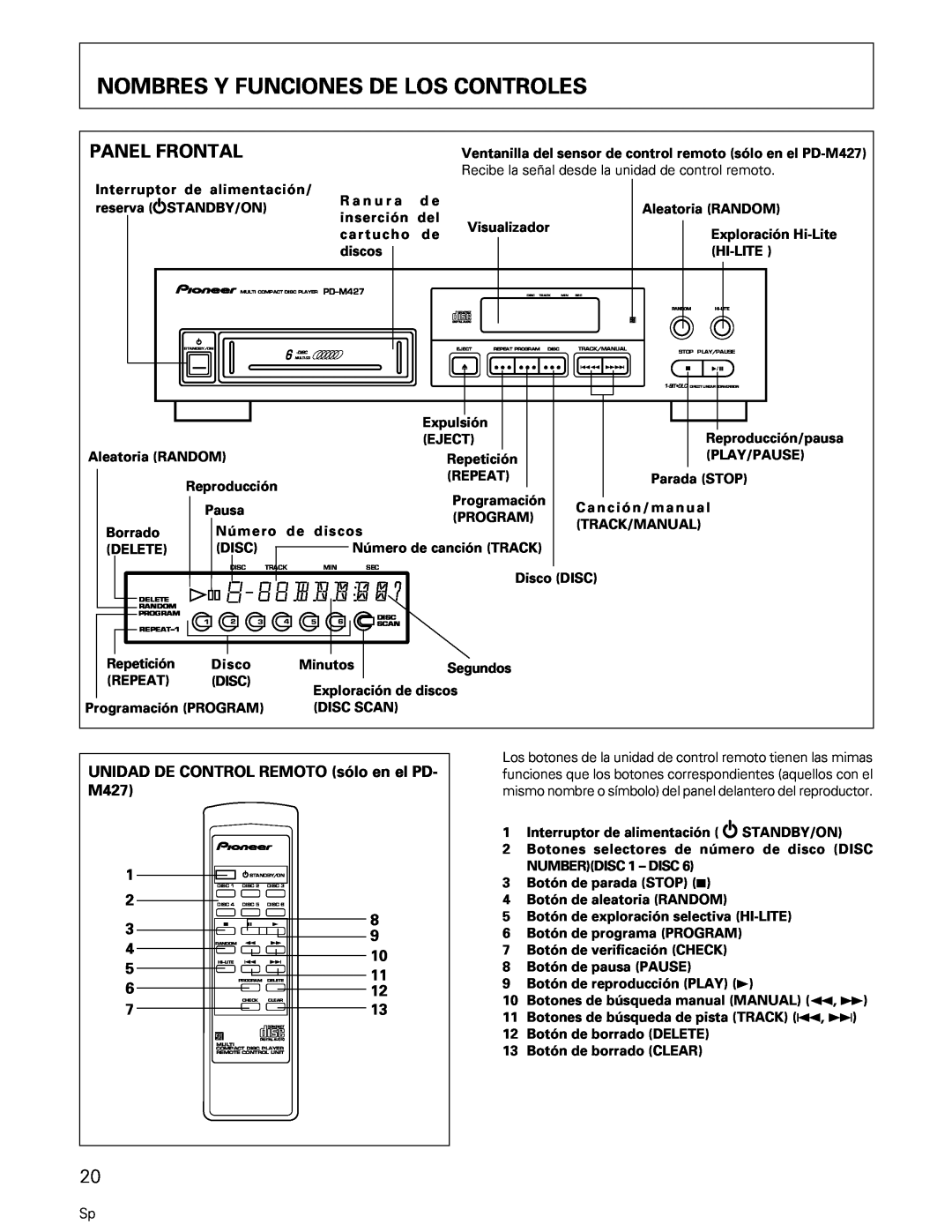 Pioneer PD-M407, PD-M427 Nombres Y Funciones De Los Controles, Panel Frontal, UNIDAD DE CONTROL REMOTO sólo en el PD- M427 