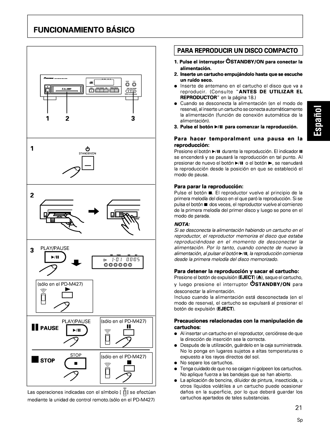 Pioneer PD-M427, PD-M407 manual Funcionamiento Básico, Español, 8PAUSE, 7STOP, Para parar la reproducción, Nota 
