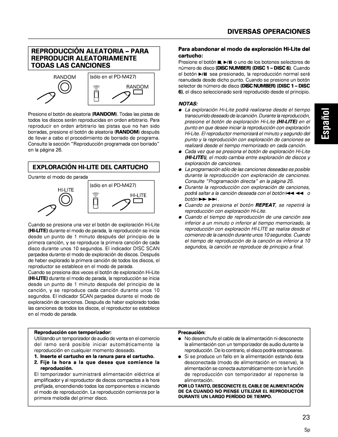 Pioneer PD-M427, PD-M407 manual Español, Diversas Operaciones, Exploración Hi-Litedel Cartucho, Notas 